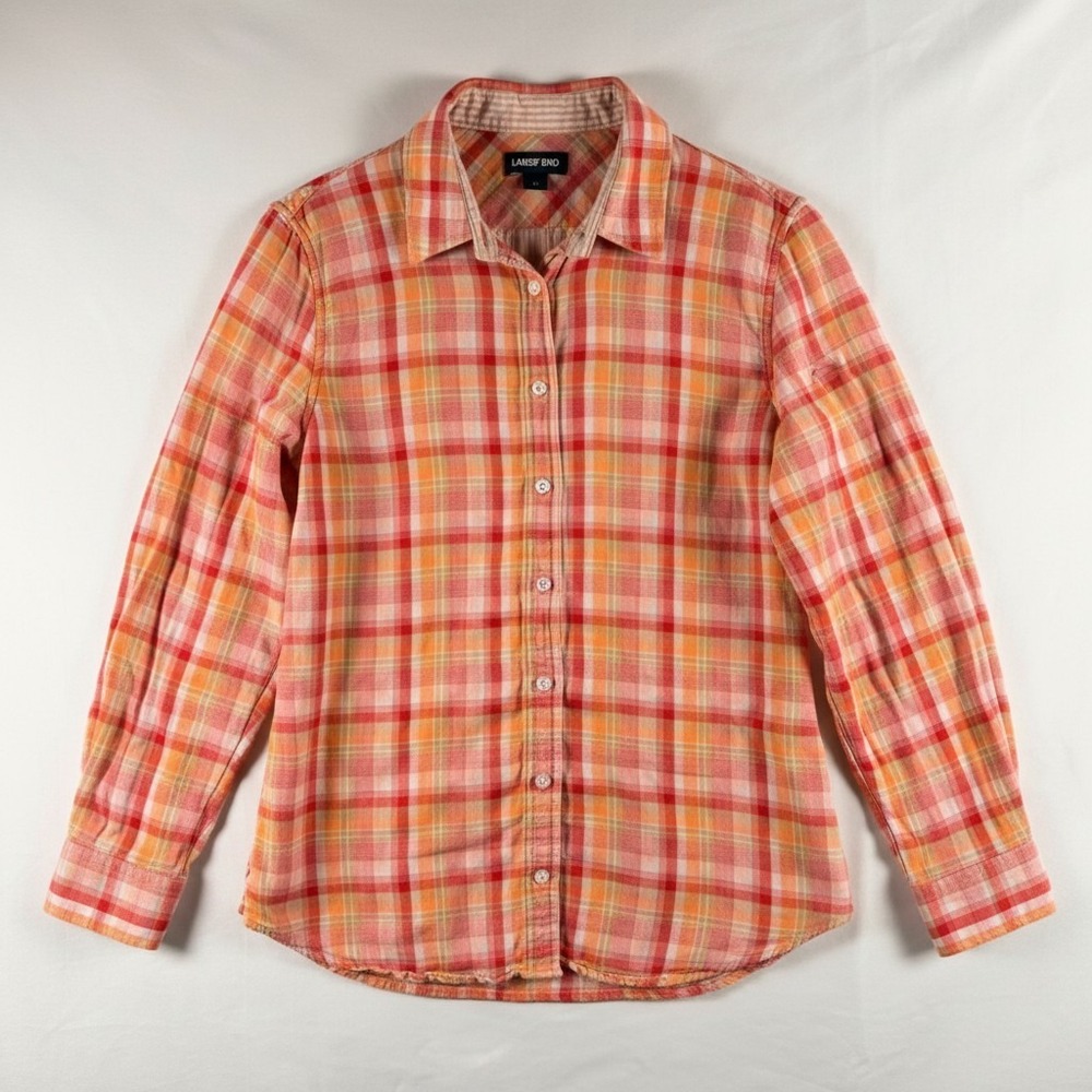 Land's End Womens Flannel Shirt Size 12 Pink Orange Plaid Cotton Double Cloth